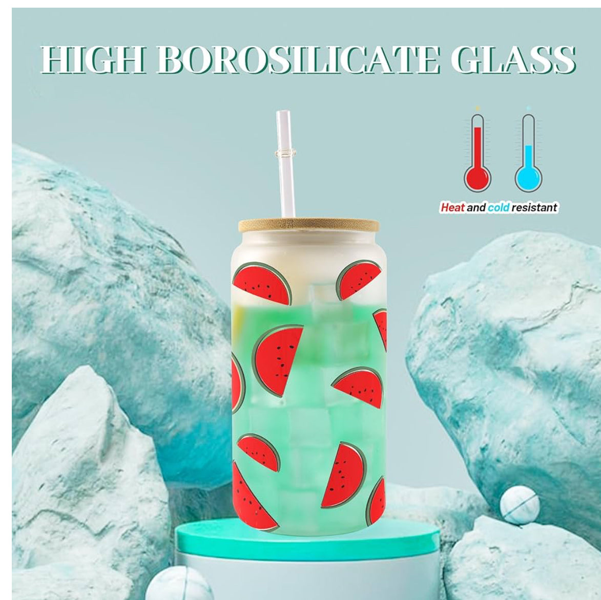 Custom 16oz Glass Cups With Bamboo Lid and Straw